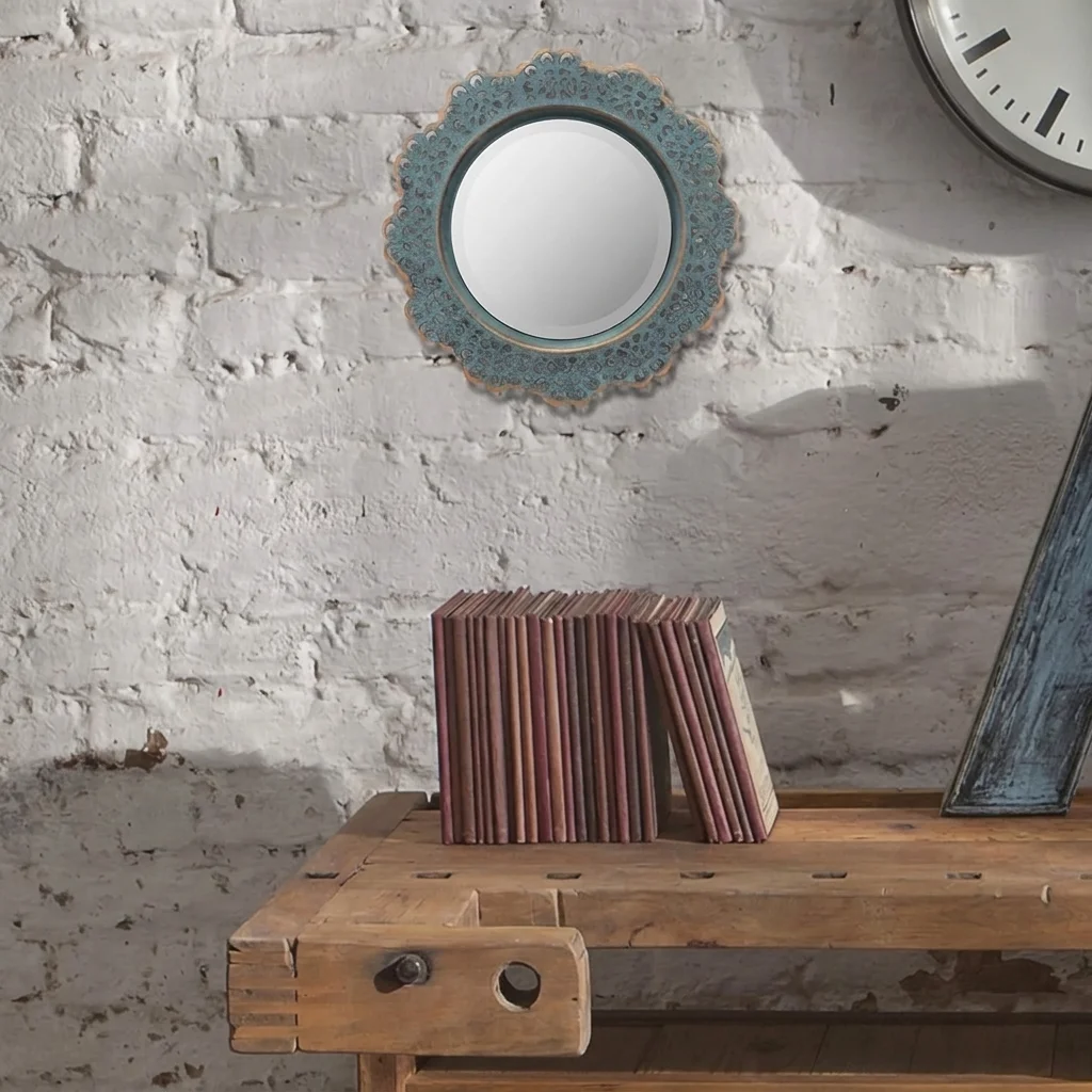 Stonebriar Round Metal Lace Wall Mirror | Turquoise 12.5 Inch – view 4