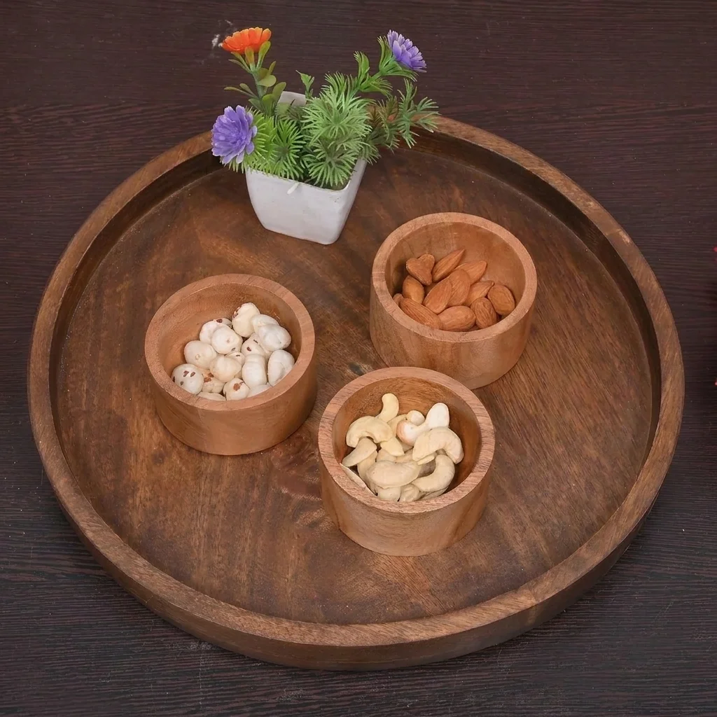 EDHAS Round Wooden Decorative Tray | 12 Inch Mango Wood Tray – view 3