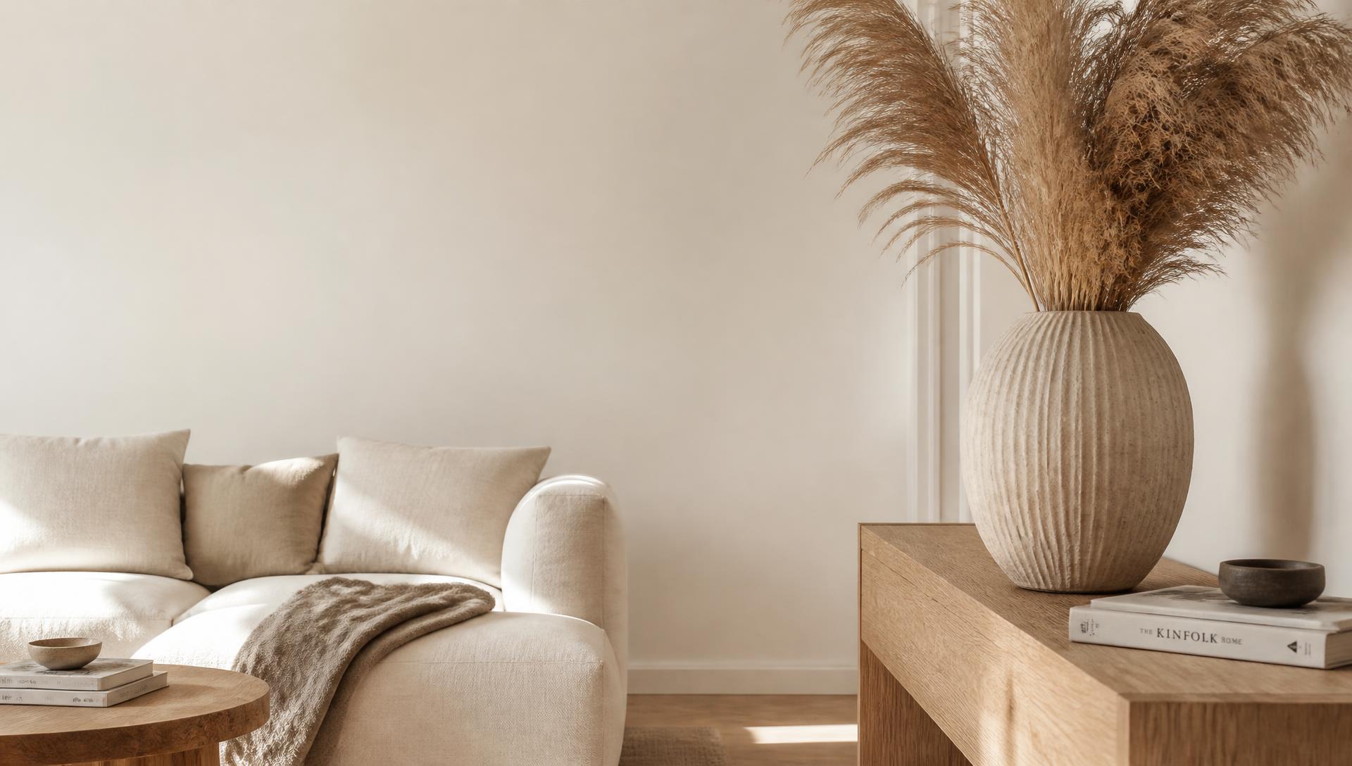 Cream and beige living room styled with a large ribbed ceramic vase of pampas grass