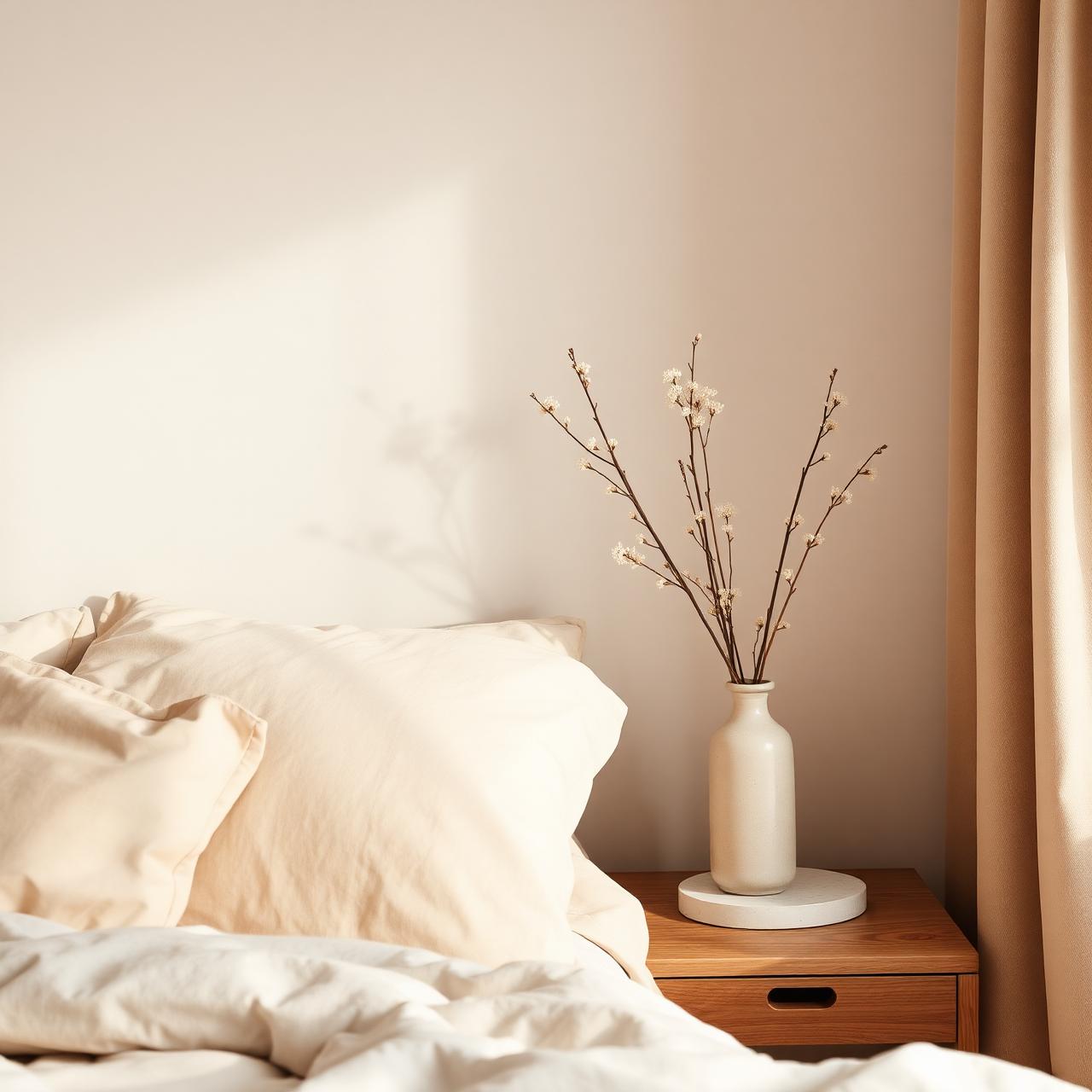 Calm bedroom corner styled with a cream ceramic vase and dried stems