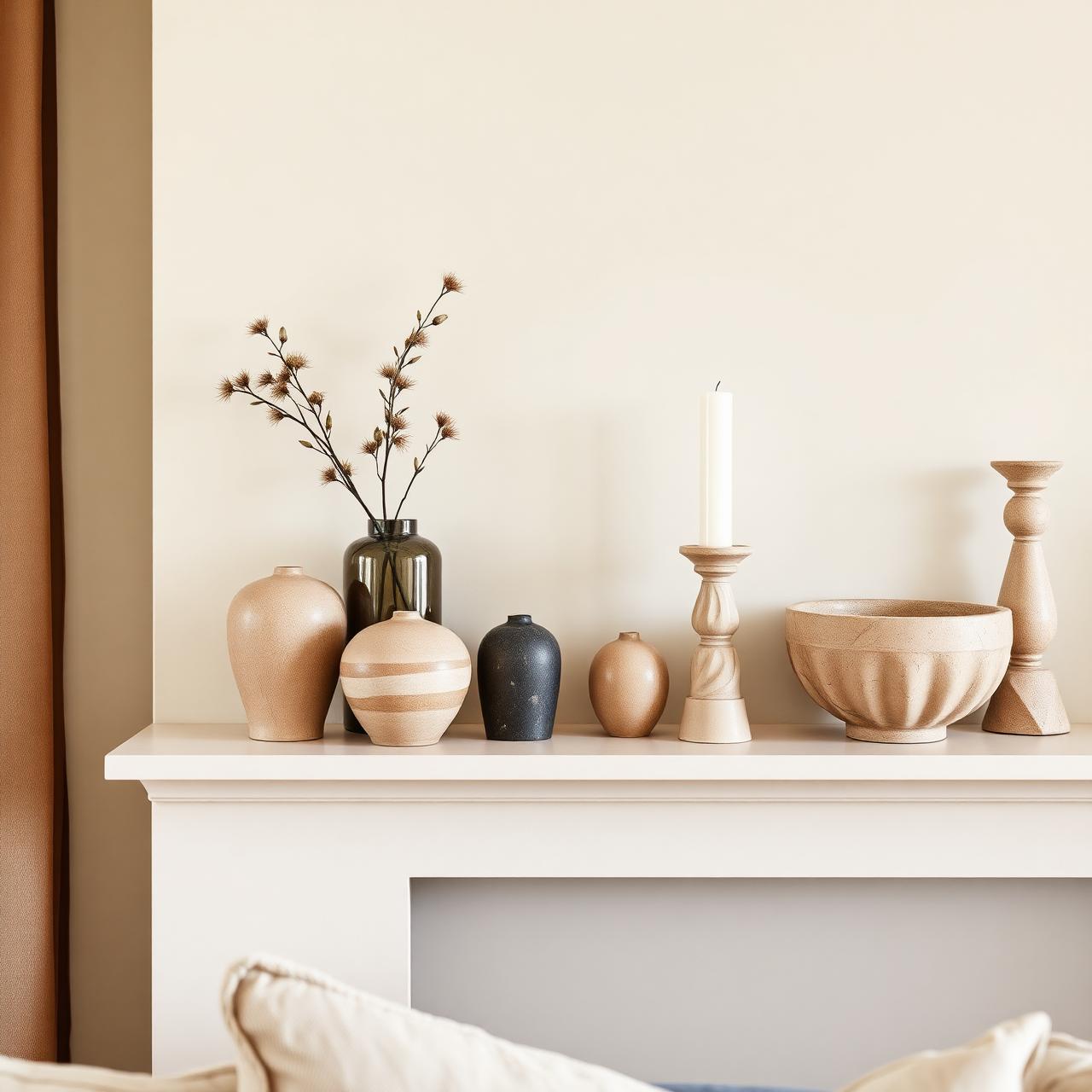 Neutral British living room shelf styled with ceramic vases, a stone bowl and brass candle holders