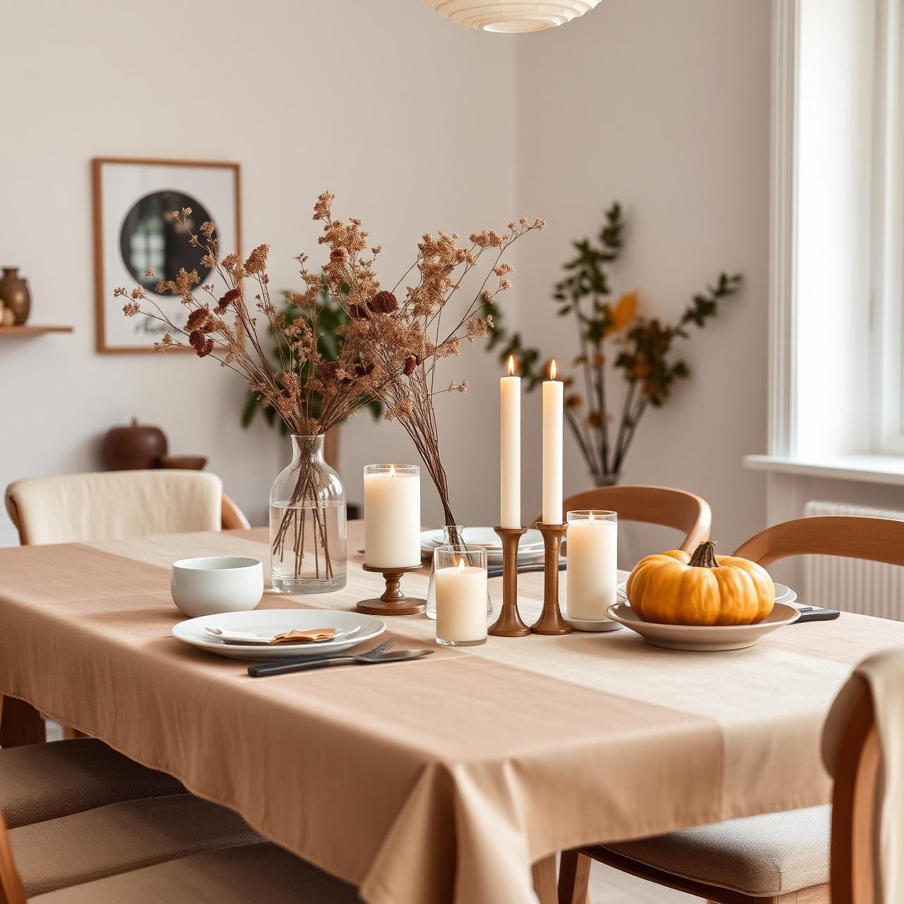 Autumnal dining table styled with candles and dried stems