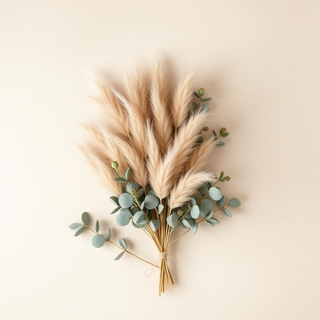 Faux pampas grass and eucalyptus bouquet on a cream background