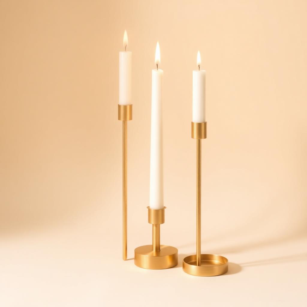 Set of three brushed brass taper candle holders