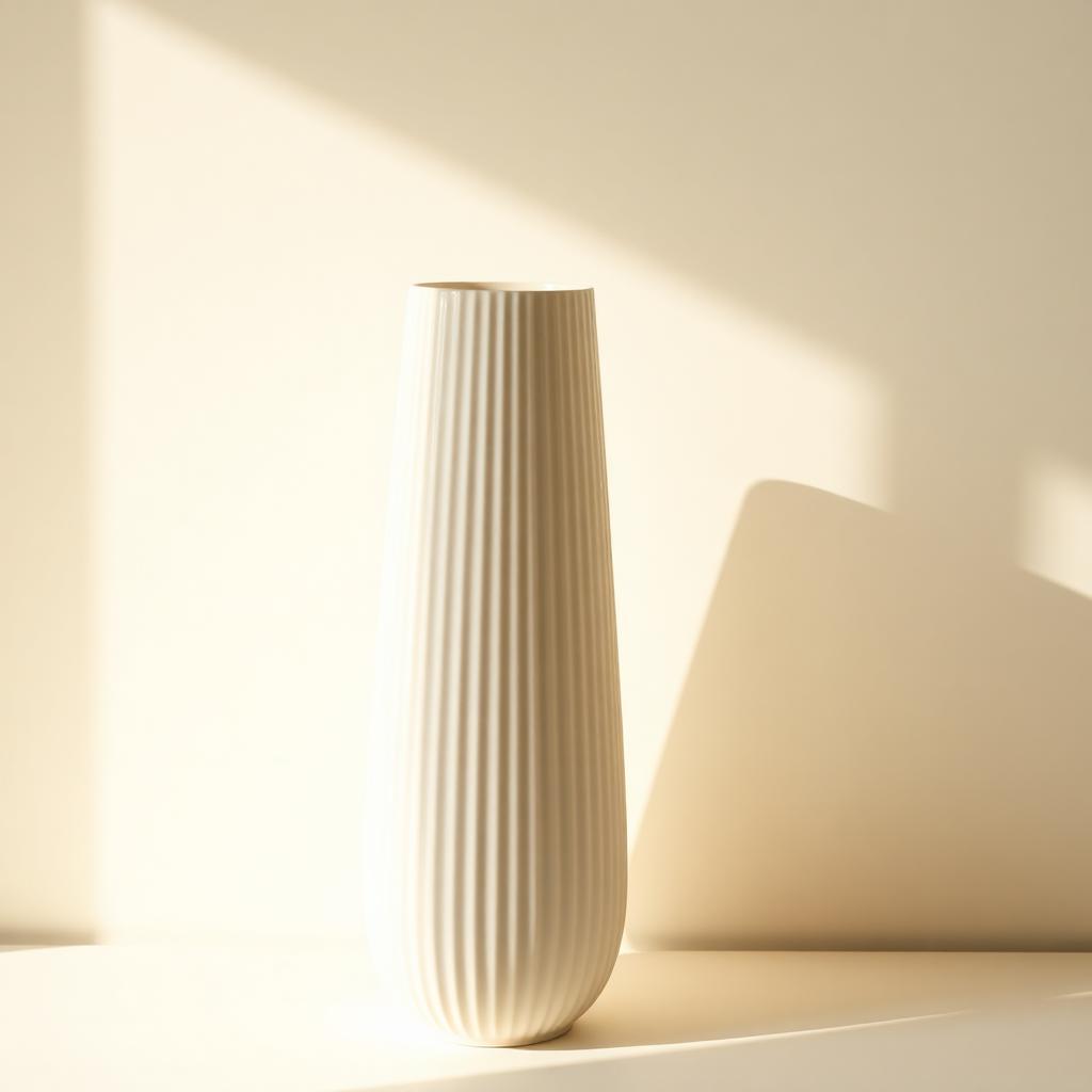 Tall ivory ribbed ceramic vase on a cream surface