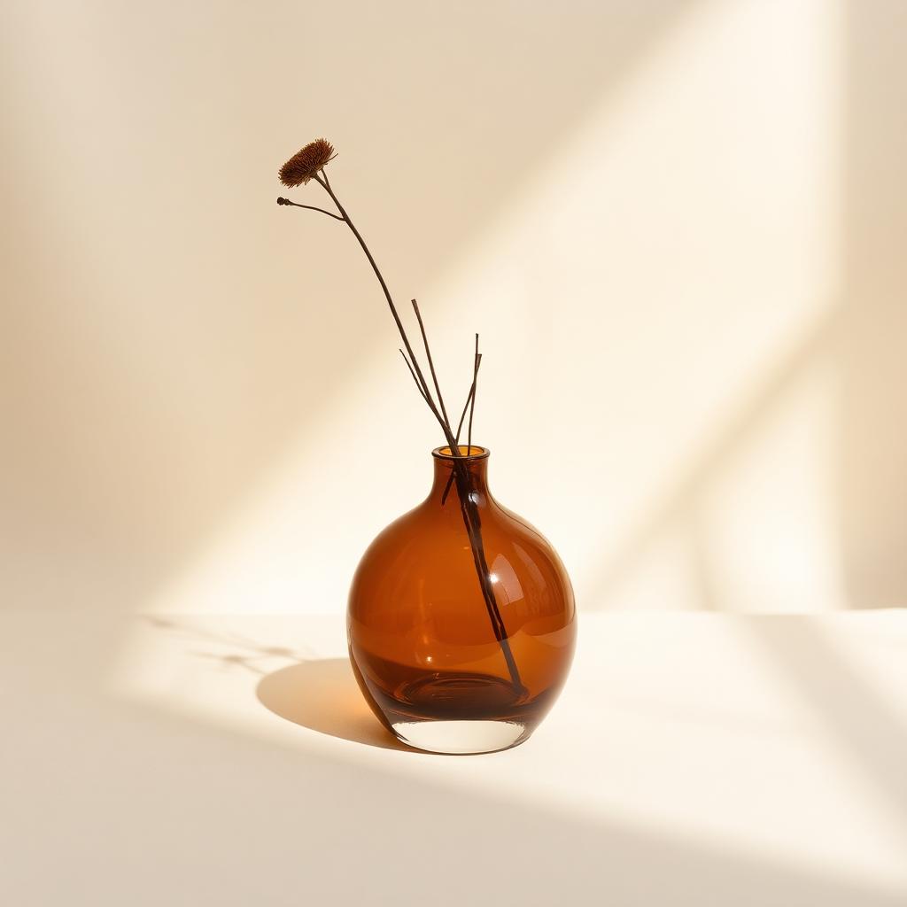 Amber smoked glass bud vase with a dried stem